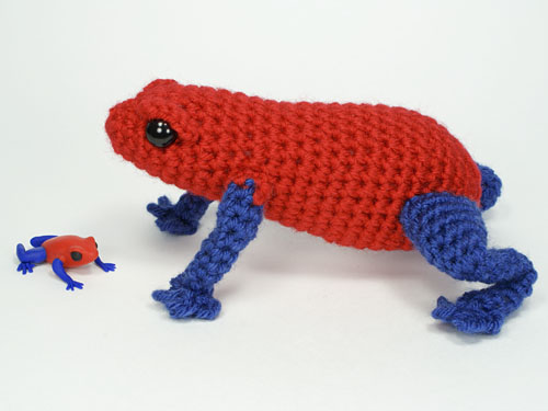 polymer clay frog, and amigurumi Poison Dart Frog crochet pattern, by PlanetJune