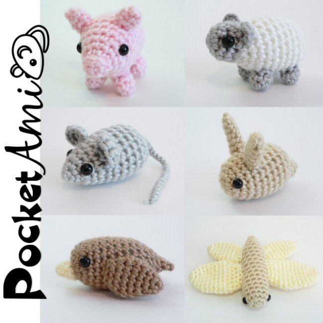 PocketAmi Sets 1 & 2 - SIX amigurumi crochet patterns: Mouse Pig Bird Bunny Sheep Dragonfly - Click Image to Close