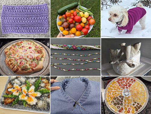 2024 PlanetJune crafting: crocheted cowl, homegrown veg, knitted dog sweater, homemade pizza, bead crochet, oyster mushrooms, latch hooked rug, knitting sweater, sliced tomatoes in a dehydrator