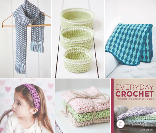 A selection of patterns from the book Everyday Crochet by June Gilbank (scarf, baskets, blanket, dishcloths, headband)