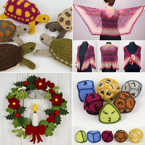 a selection of PlanetJune crochet patterns: tortoises, a half-hexagon shawl, gaming dice, Christmas wreath