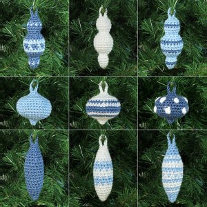 (image for) Christmas Baubles crochet pattern: 9 ornament designs