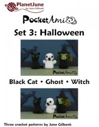 (image for) PocketAmi Set 3: Halloween - three amigurumi crochet patterns: Black Cat, Ghost, Witch
