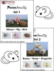 (image for) PocketAmi Sets 1 & 2 - SIX amigurumi crochet patterns: Mouse Pig Bird Bunny Sheep Dragonfly