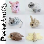 (image for) PocketAmi Sets 1 & 2 - SIX amigurumi crochet patterns: Mouse Pig Bird Bunny Sheep Dragonfly